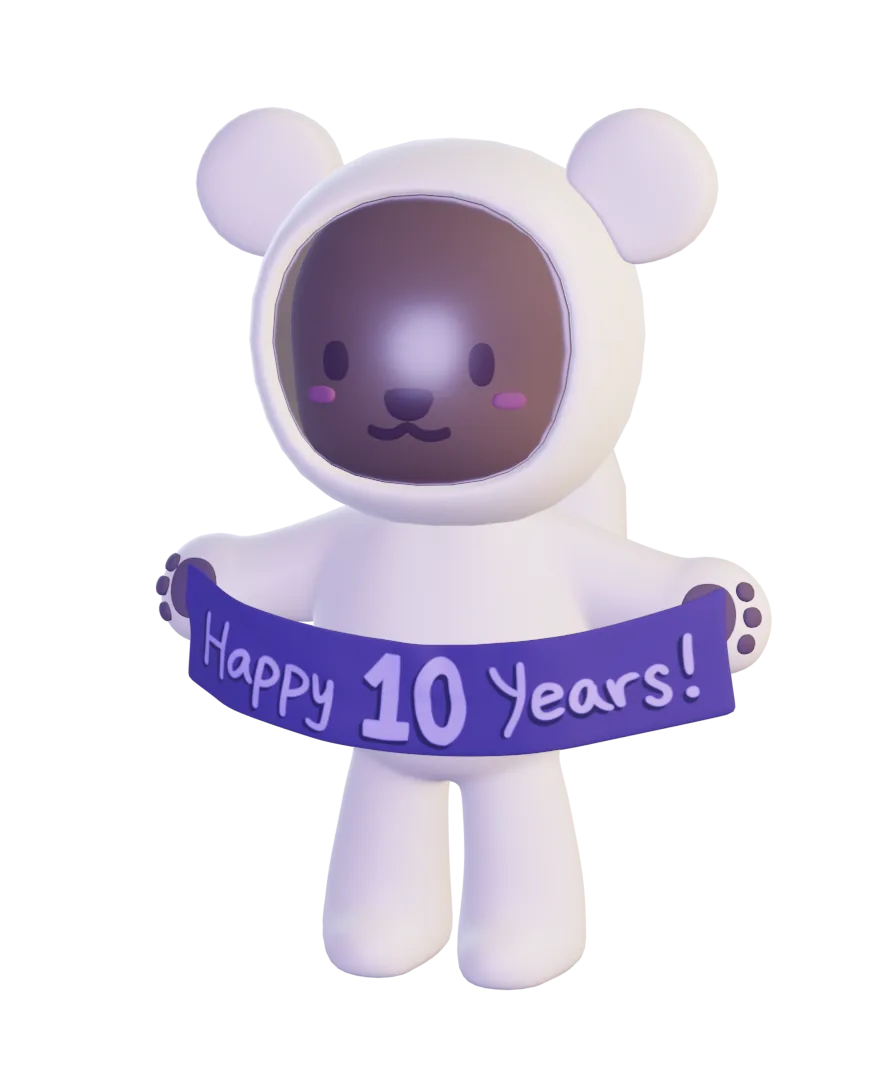 3D space bear holding 'happy 10 years' banner